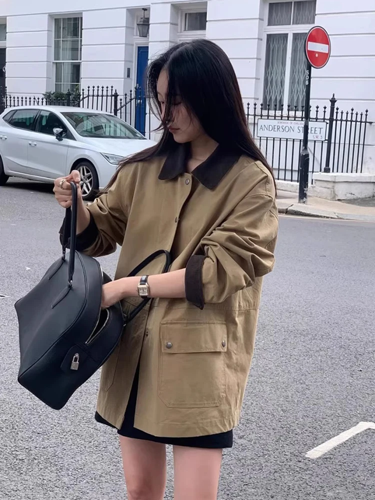 Elegancki, luźny płaszcz w stylu vintage na jesień, długi płaszcz przeciwdeszczowy z kołnierzem stójką i podwójnym zapięciem na guziki.