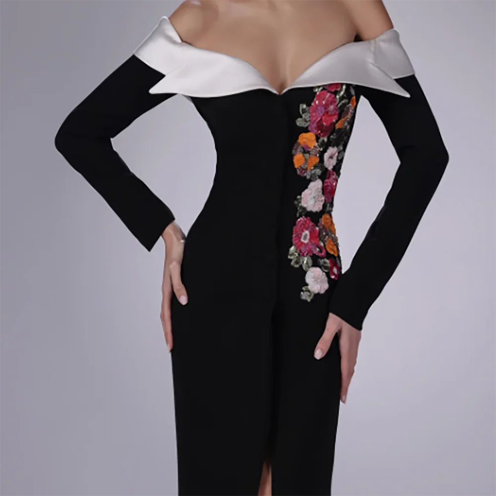 Классические прямые вечерние платья с открытыми плечами и цветочным принтом с длинными рукавами, вечерние платья для дня рождения, выпускного вечера по индивидуальному заказу