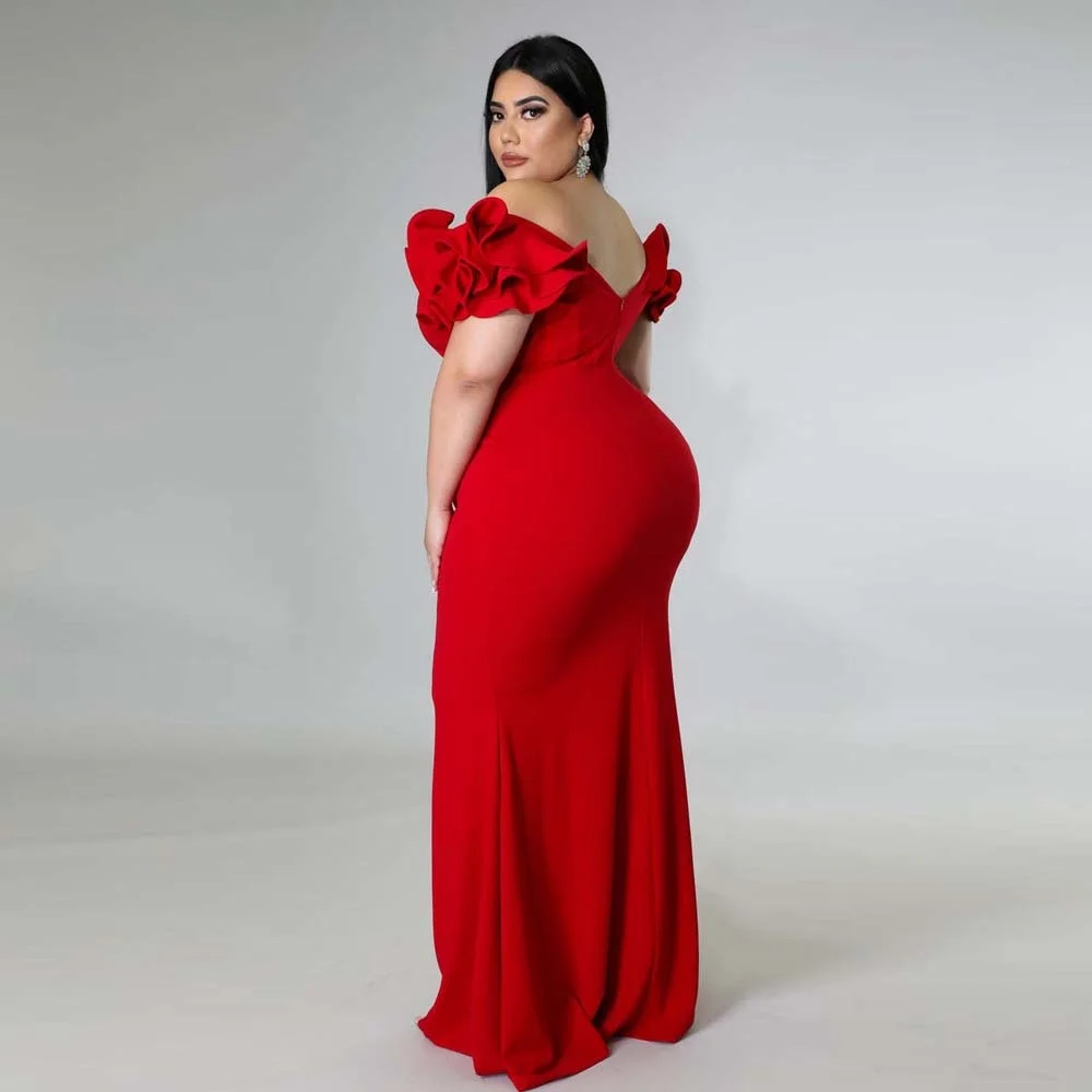 Plus Size Evening Dress Elegant Lady Ruffle Red Black Sexy Backless Large Sizes Women Party Formal Maxi Long Dresses Summer 2023