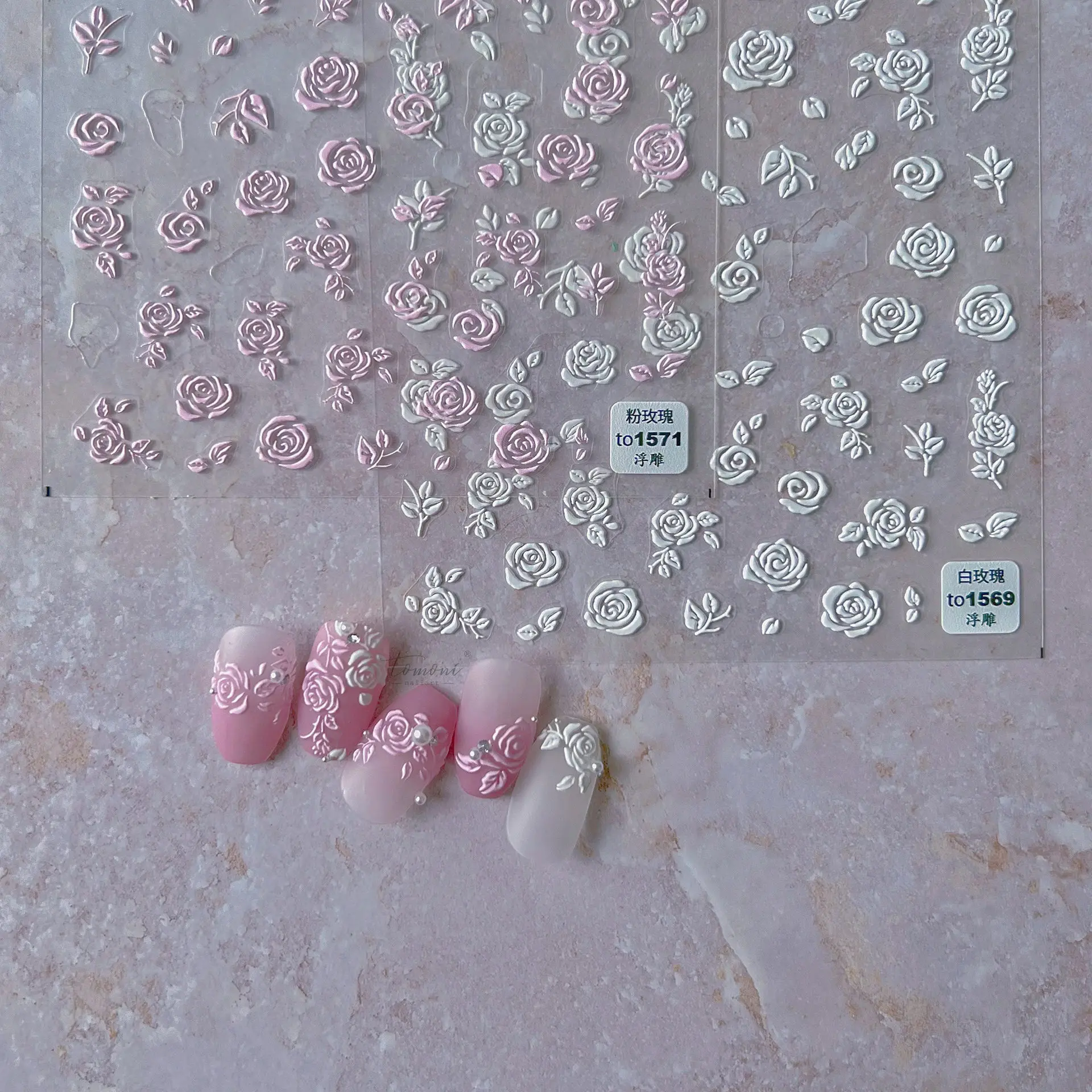 1 Vel Zwart En Wit Roze Roos Bloem Hoge Kwaliteit Embossing Nail Sticker Fashion Nail Art Design Decoratieve Decal T-1569