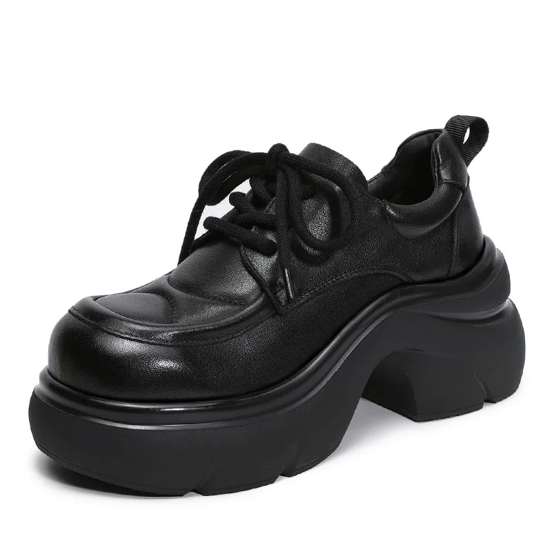 DRKANOL Handmade Genuine Leather Shoes Women Retro Style Genuine Leather Thick High Heel Height Increasing Platform Casual Shoes