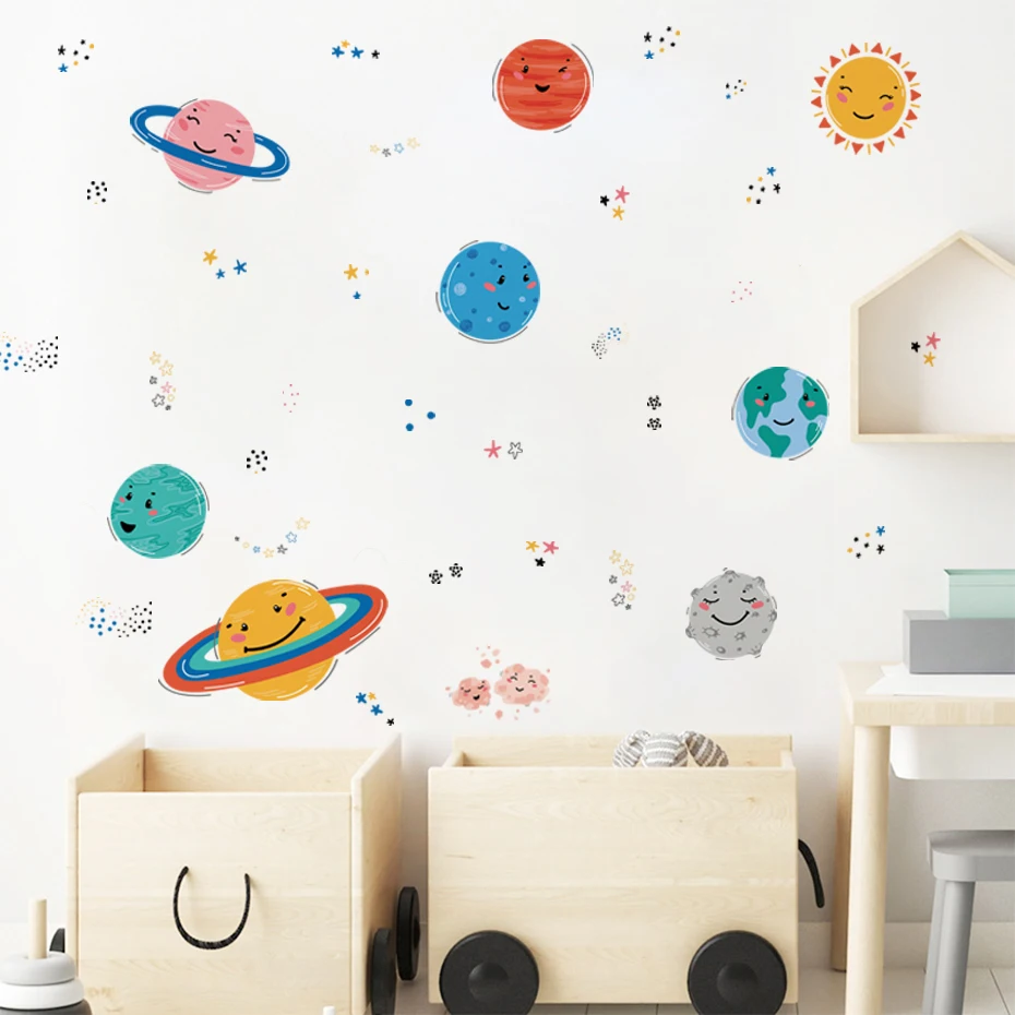 

Cartoon Solar System Sun Wall Stickers Planet Smiling Face Decoration Boy Kids Room Wall Decor Nursery Decorate DIY Art Murals