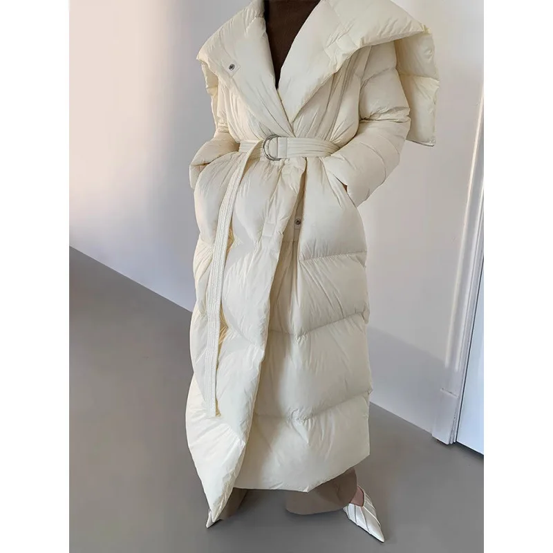 UMI MAO Winter Coat Women\'s New Style Big Collar Strap Temperament Collar Long Solid Color Loose Thick Down Cotton Jacket