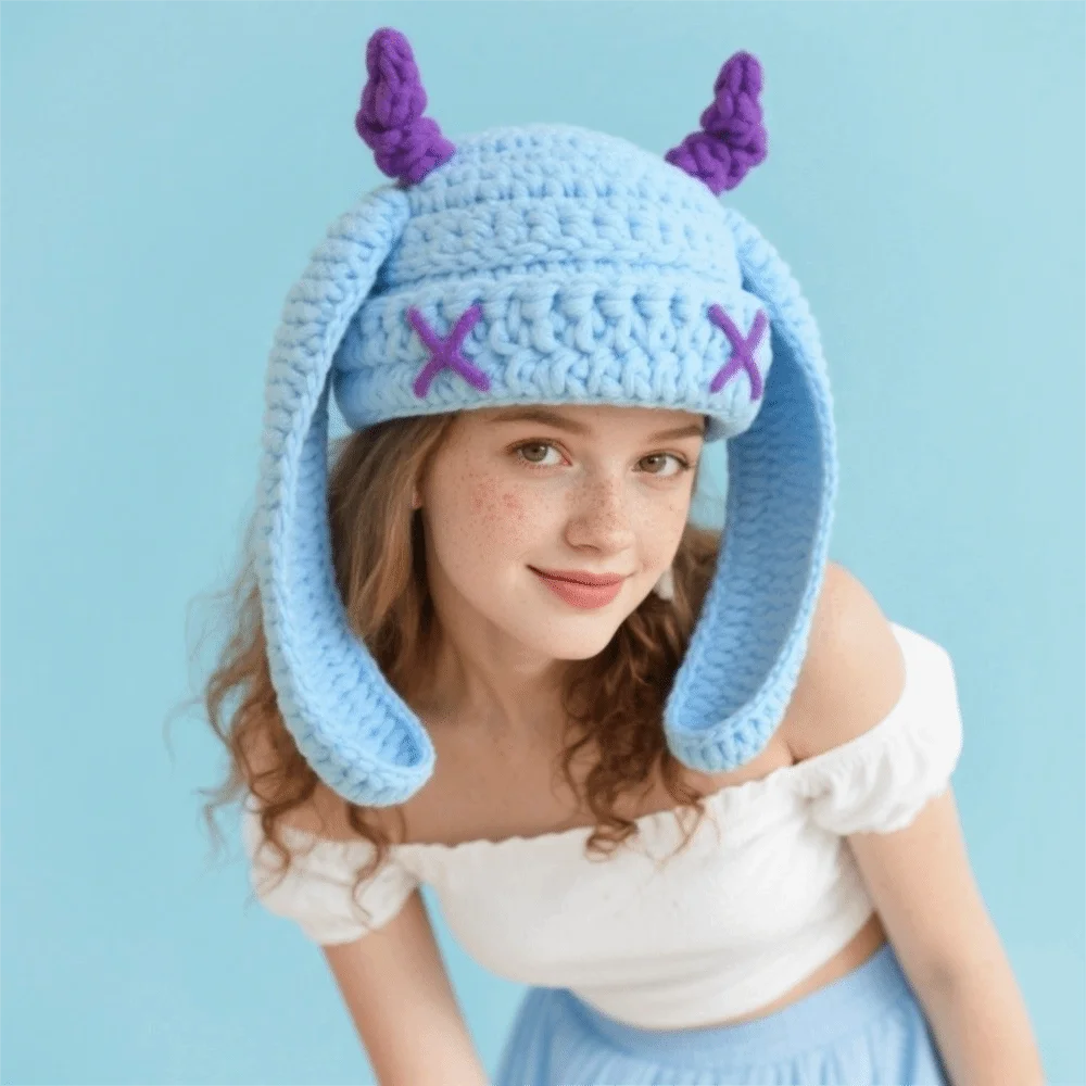 مضحك تنوعا محبوك بيني Y2K الدافئة آذان طويلة قبعة الشرير القوطية نمط قبعة السفر الخريف الشتاء #2