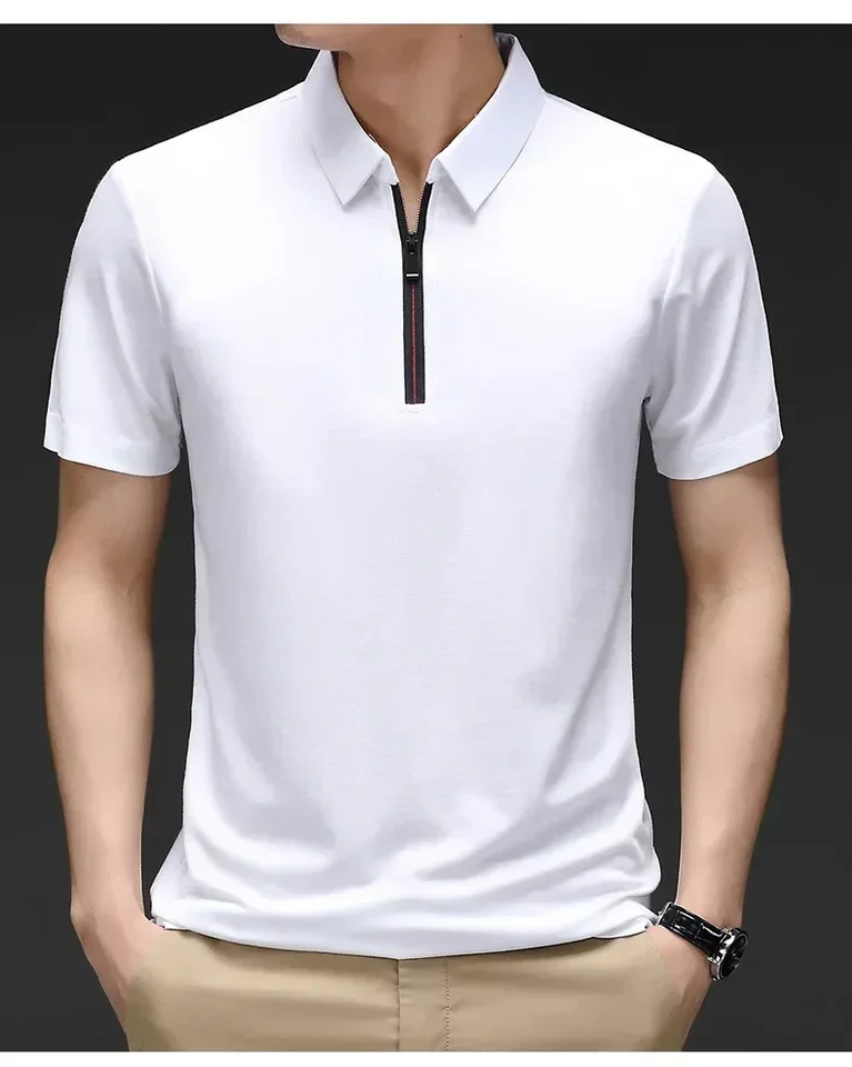 New Arrival Men's Ice Silk Short Sleeve Polo Shirt Summer Cool Loose Casual Tops Men Half Zip Lapel Business Office T-shirt