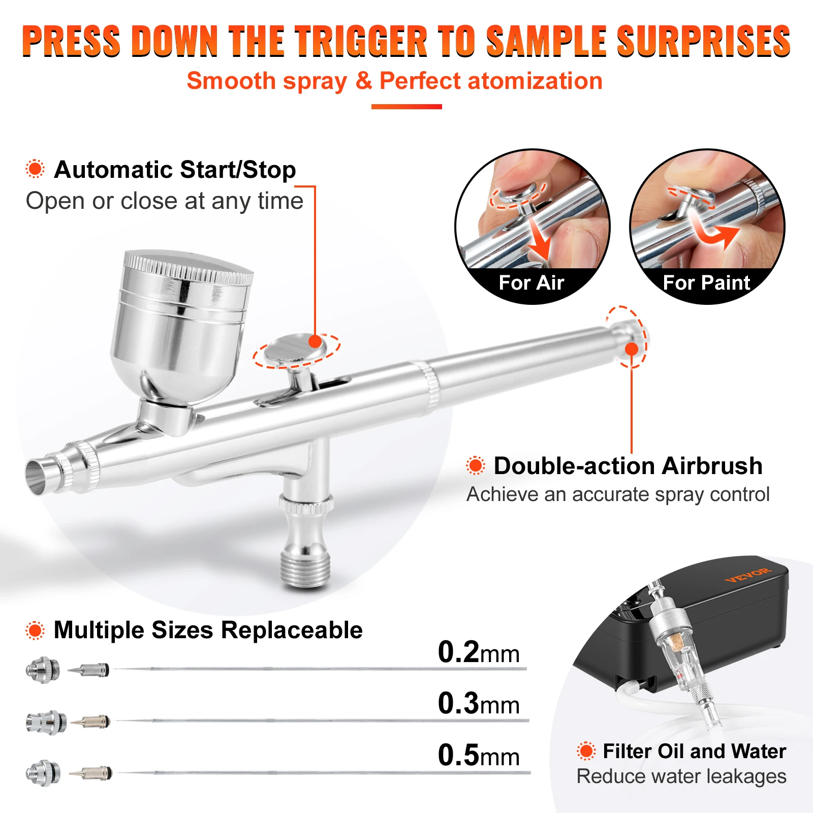 VEVOR-Kit de aerógrafo de doble acción con compresor de Control de arranque/parada automático de alta presión 30PSI para pintura de pasteles, modelo de maquillaje de uñas