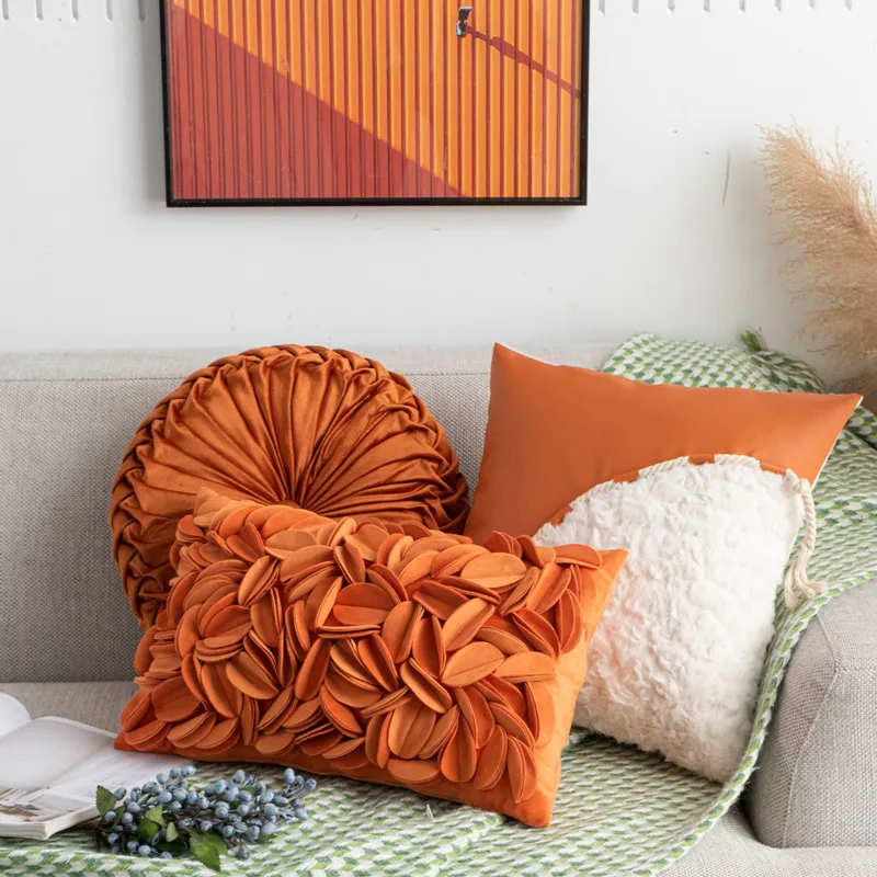 

Nordic Orange Cushion Cover 3D Petal Flower Luxury Living Room Sofa Pillow Cover Round Pillow Pumpkin Pillow Bedding 45x45cm