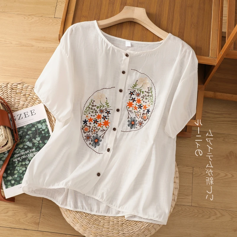 Chemises d'été pour femmes, haut en coton et lin brodé de fleurs, chemisiers amples décontractés à manches courtes, chemise blanche, manteau Cardigan