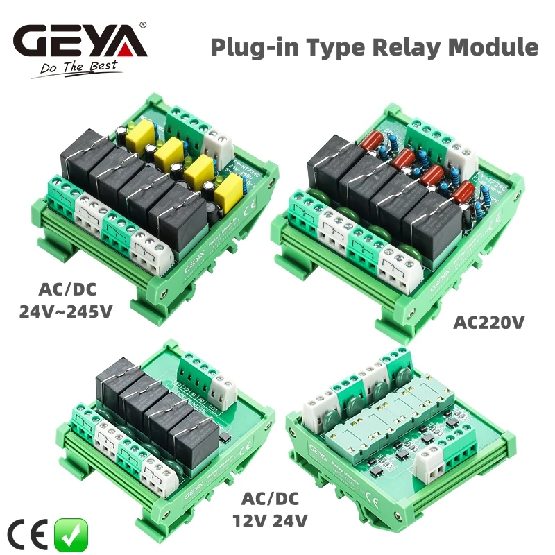 GEYA Pluggable Relay Module 4 Channel Relays 220VAC 12VA 24VACDC DIN Rail Panel Mount for Automation PLC Board AC/DC24V-245V