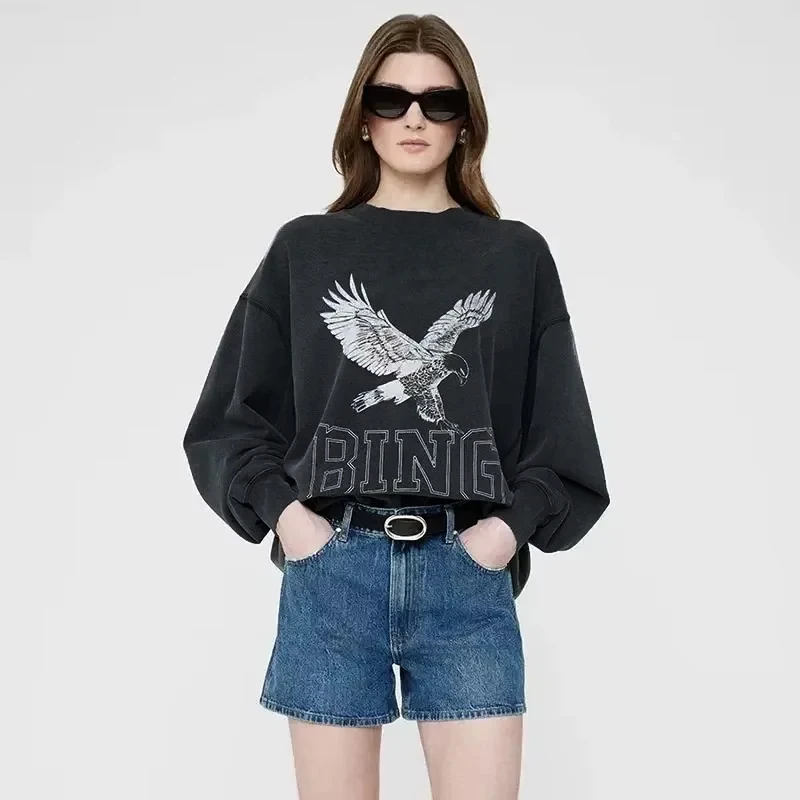 2025 New Early Fall New Niche AB Front Print White Eagle BING Print Front Wash Crewneck Women's Printed Crewneck Shirt