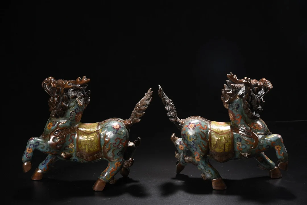 

9"Xizang Folk Old Bronze Cloisonne Enamel Kirin Divine Beast Statue A Pair Amass wealth Ornaments Town house