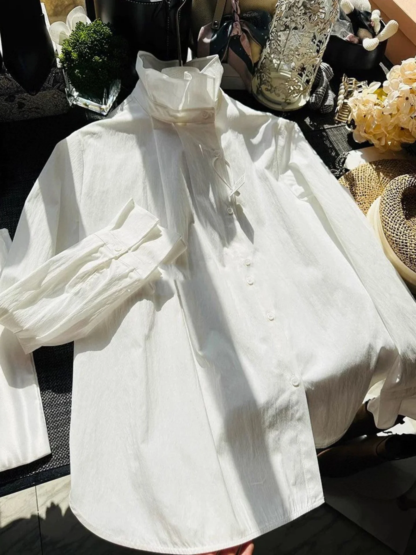 

Ele Cotton Silk irt Women's Loose Slimming Asymmetric Design Flower Bud Collar Inner Wear Spring Autumn Seasonal Faion