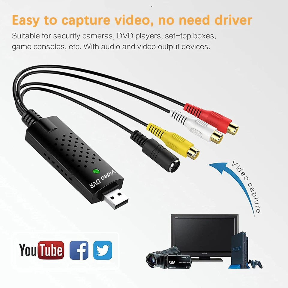 VHS to Digital Converter USB Video Capture Card for Hi8 DVD VCR RCA/S-video to USB 2.0 Audio Video Record Capture Device for Win