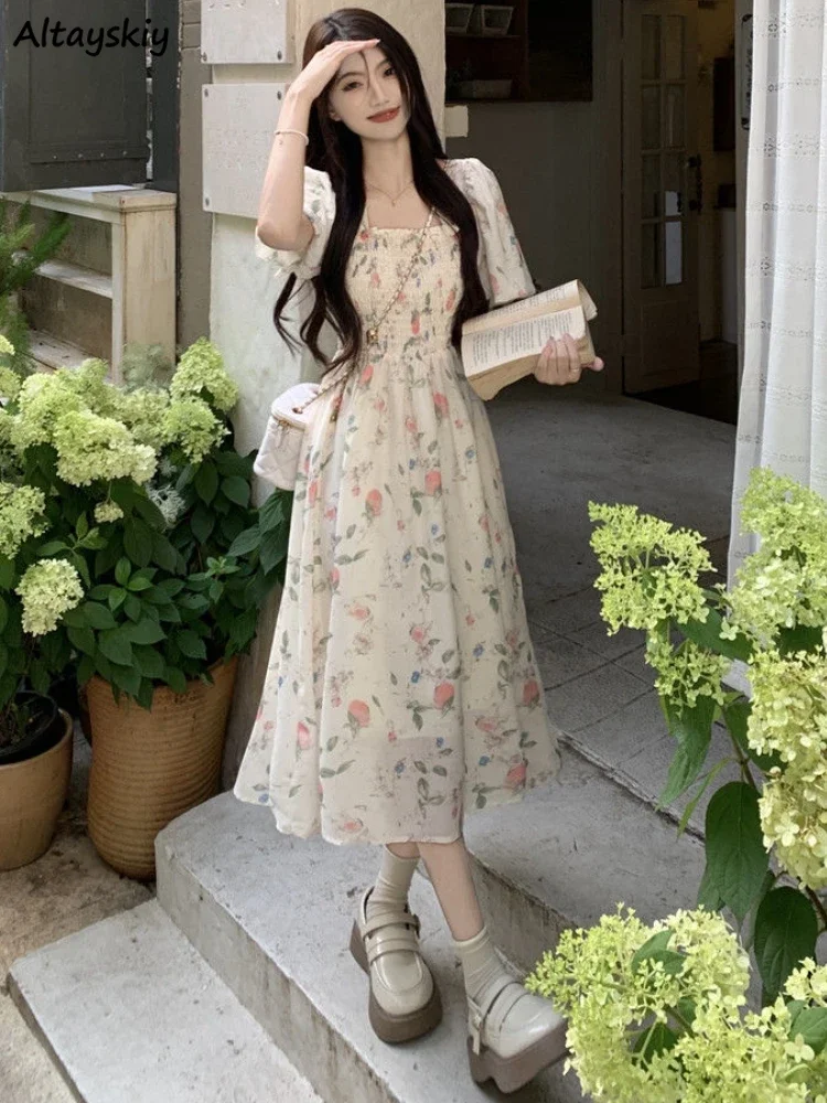 

Floral Dresses Women Sweet Square Collar Summer Folds Design French Style Elegant Fairycore Bodycone Holiday Party Leisure Chic