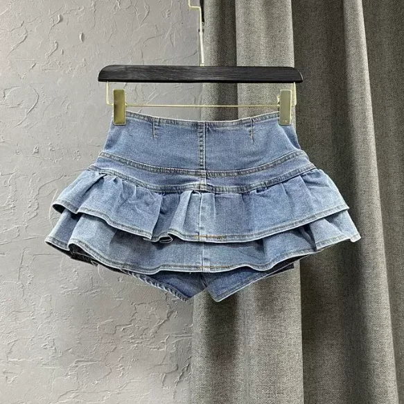 High Waist Single-Breasted Ruffles Cake Denim Skirt for Woman, 2026 Fashion Sexy Cute Mini Skirts, Black Blue