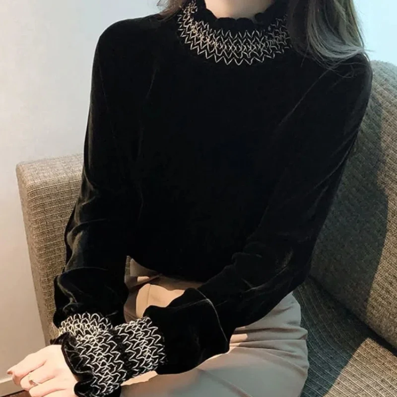 French Style Fashion Autumn Winter Women\'s Golden Velvet Mock Neck Patchwork Simplicity Office Lady Long Sleeve Loose Shirts Top