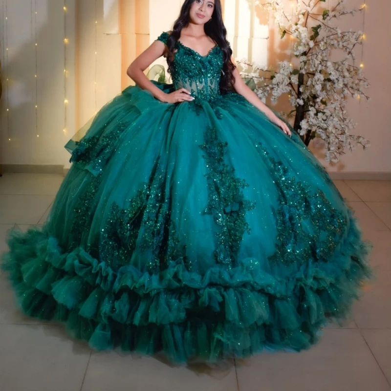 Dark green Glitter Quinceanera Dresses Off Shoulder Ball Gown Sweet 16 Dress Applique Flower Beading Bow Tull Corset Party Birth