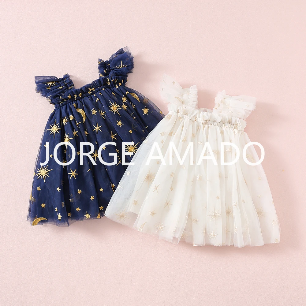 New Summer Kids Girls Dress Star Moon Print Tulle Flying Sleeveless Square Collar Shirring Daily Princess Tutu Dresses H0359