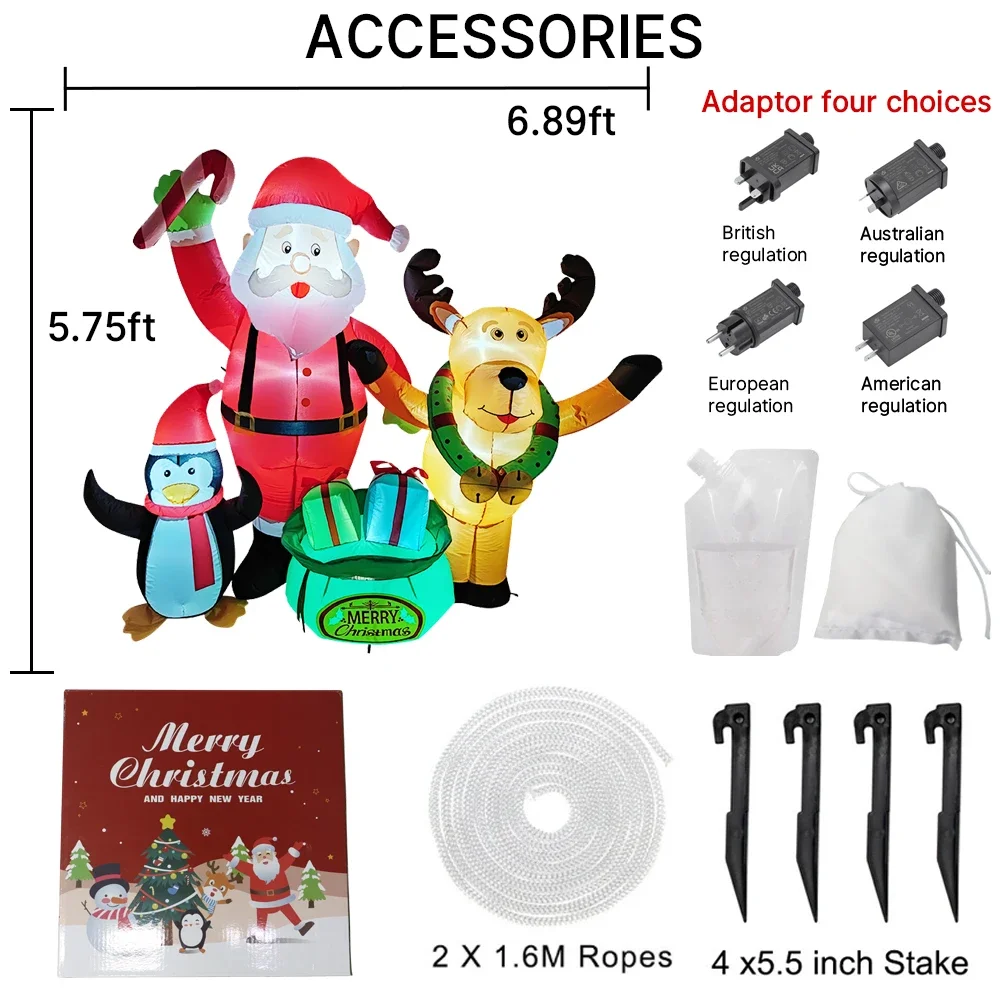 2.1M/6.8FT Inflatable Santa Reindeer Penguin with Gift Bag  Lights LED Home Decorations Toys Yard Xmas Holiday Decor Supplies
