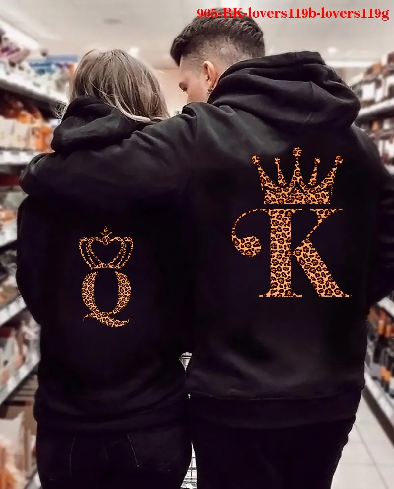 Winter Hooded Pullover Tops Hoody Long Sleeve Couple Clothing KING Queen Crown Printing Women Hoodies Sweatshirt for Lovers