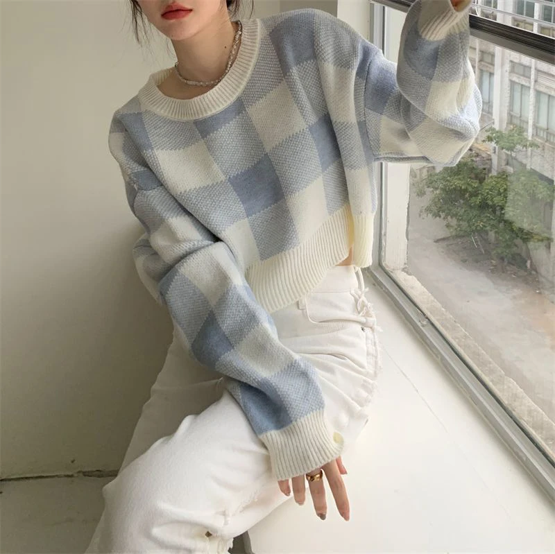 

Vintage Plaid Cropped Sweater Women O Neck Knit Sweet Pullover Fall Korean Loose Preppy Style Simple Long Sleeve Short Tops