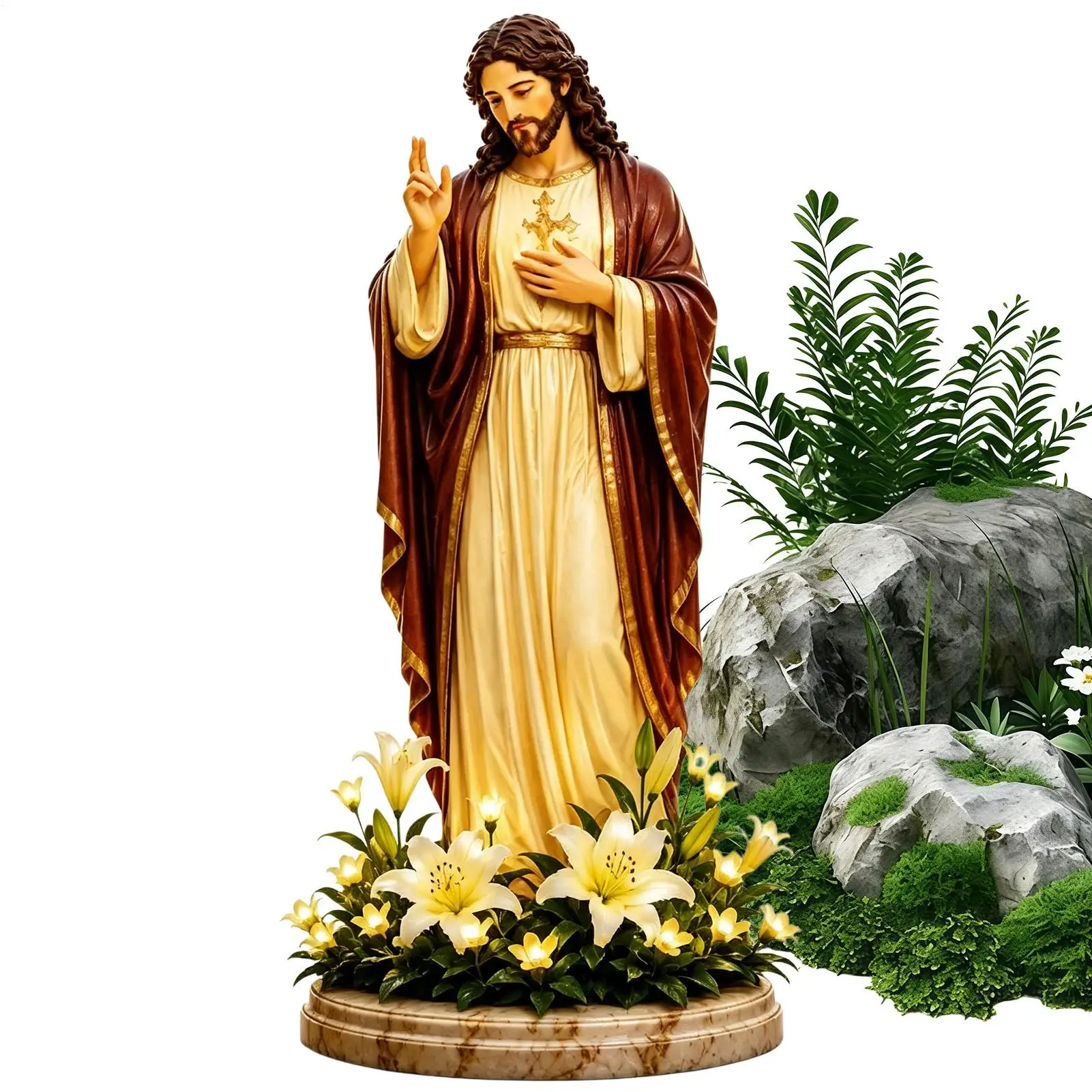 Garden Jesus Mary Statue Light Decorative Resin Sculpture With Solar Lighted Flower Holy Mother Mary Statue Christian Decor