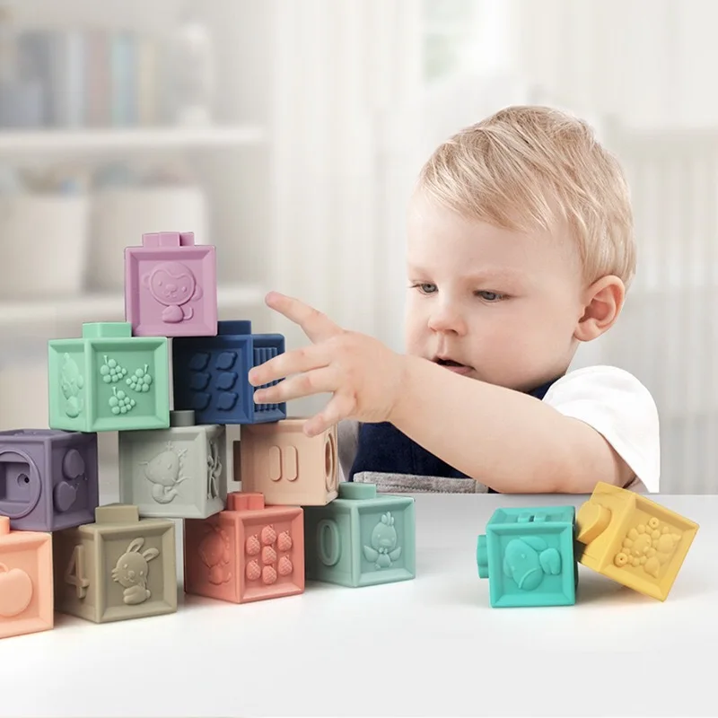 Anneau de dentition sensoriel en Silicone 3D pour bébé, jouets de construction, blocs de préhension, boule souple, Cube de bain en caoutchouc pour enfant