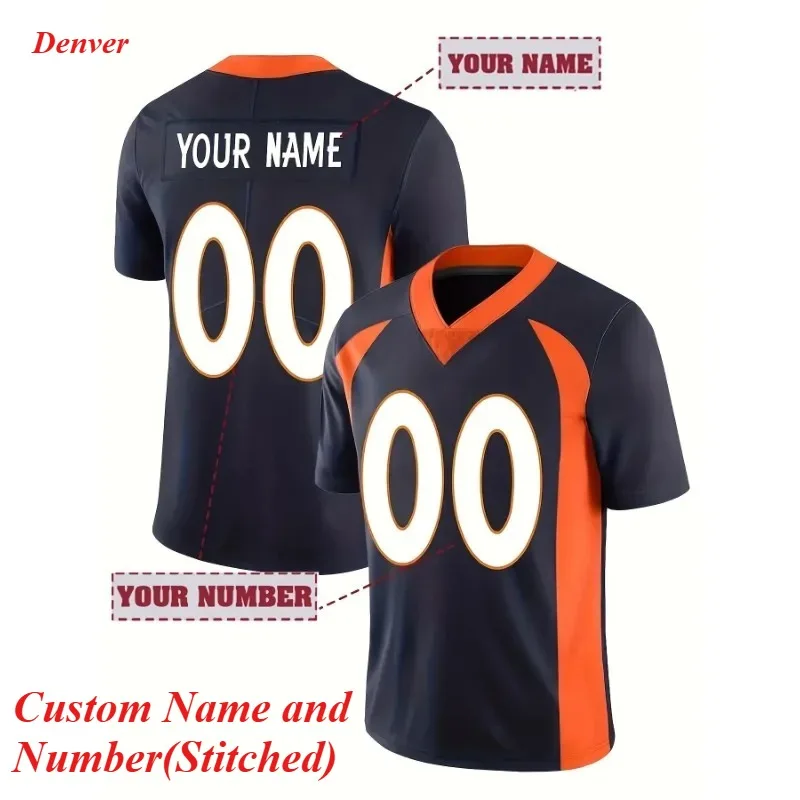 Custom Men's Name and Number Denver Football Shirt Short Sleeve Loose Breathable Embroidered Rugby Jersey T Shirt Personnalisé