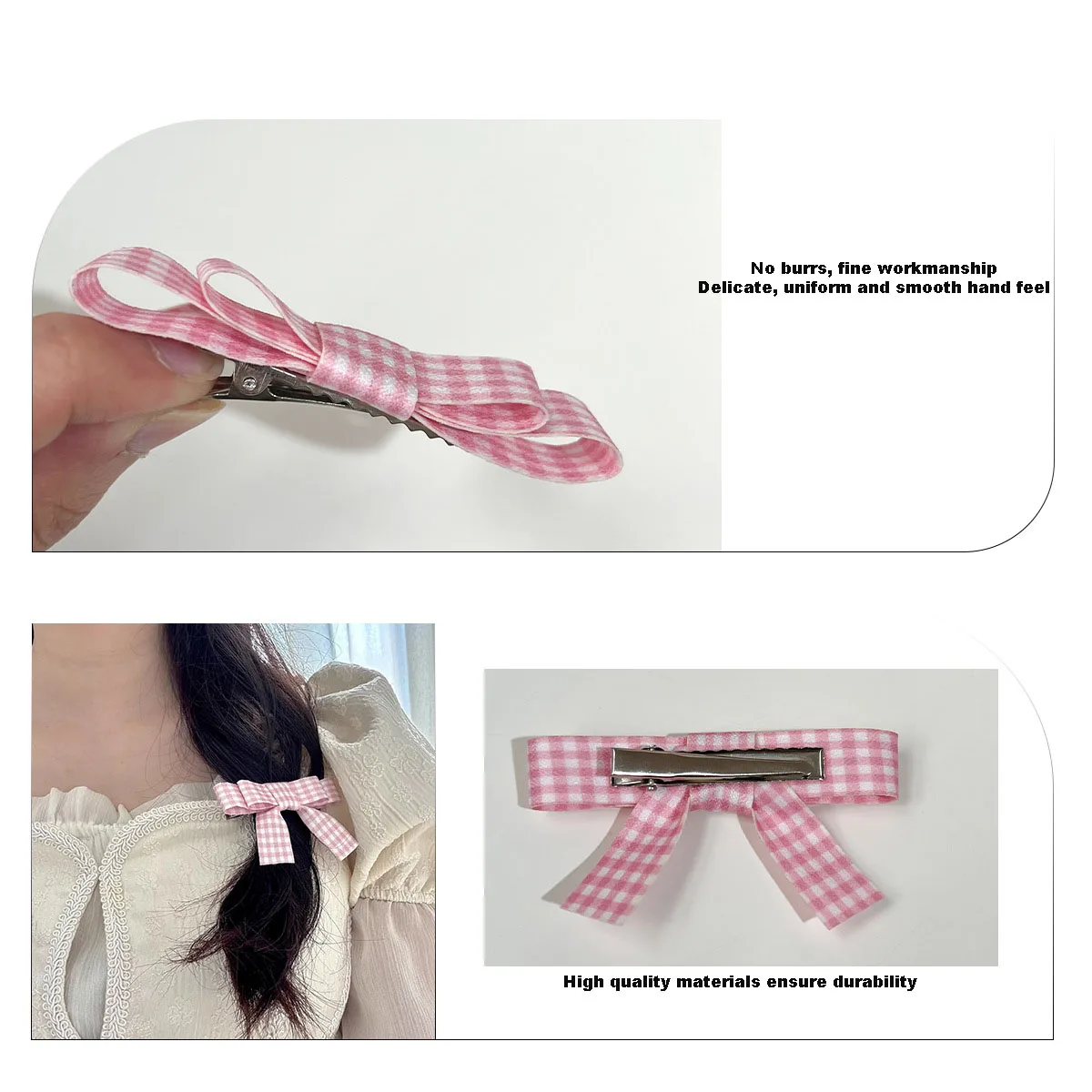 Cute girl Heart Duckbill Clip Hair Clip, Sweet Plaid Fabric Bow, College Style Edge Clip Hairpin Bobby Pin