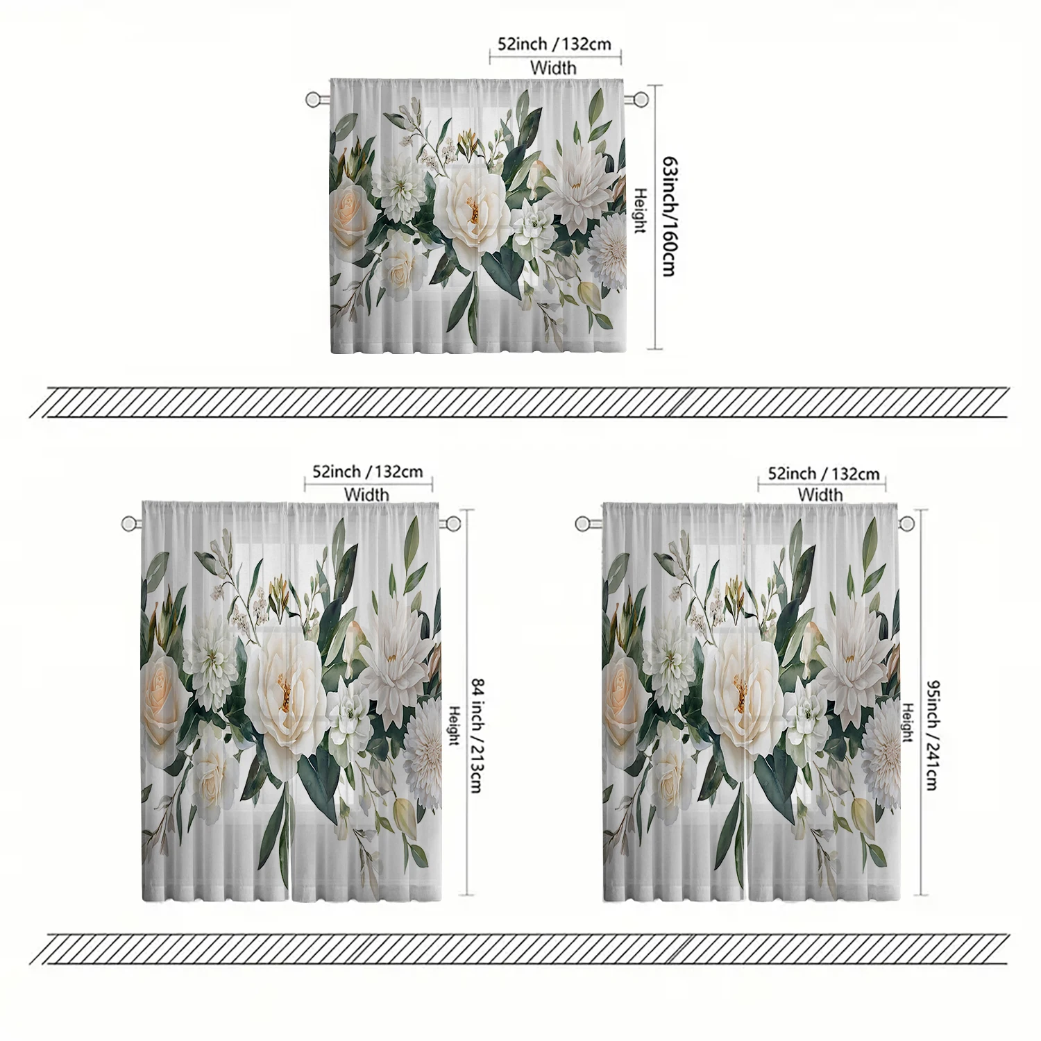 2 Pieces HD Digital Green leaves and white flowers Printed Window Screen Home Decor Style Decoration Living Room Bedroom Rod