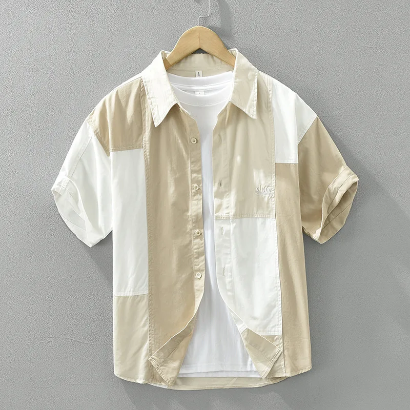 Men Shirts Short Sleeve 100% Cotton Men's Colorblock Patchwork 2024 Casual Button Down Shirts For Male Outdoor Vacatioan Shirt