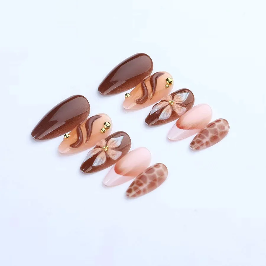 

24PCS Almond Coffee Color Press on Nails French Light Luxury 3D Flower Line Fake Nail Autumn Winter Elegant Fake Nails with Glue