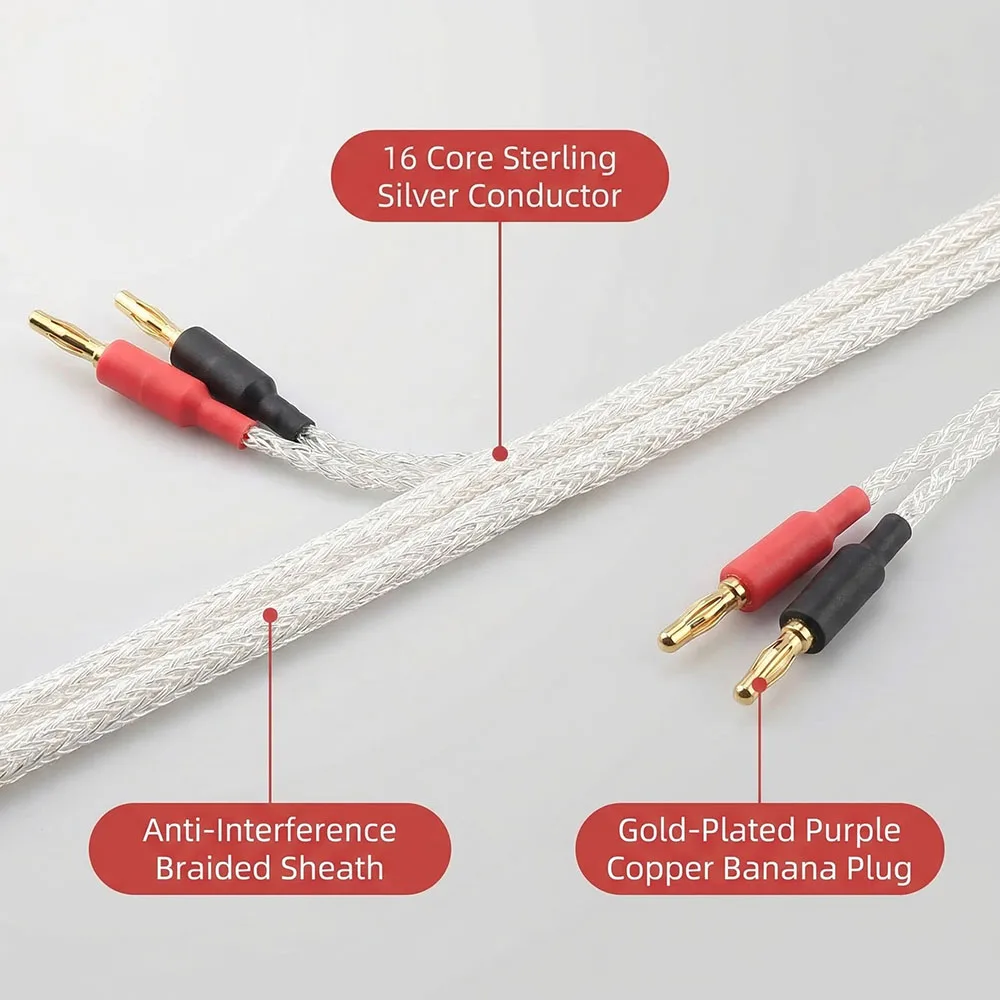 16-core pure silver speaker cable with pure purple copper banana plugs for HiFi amplifier and speaker connections