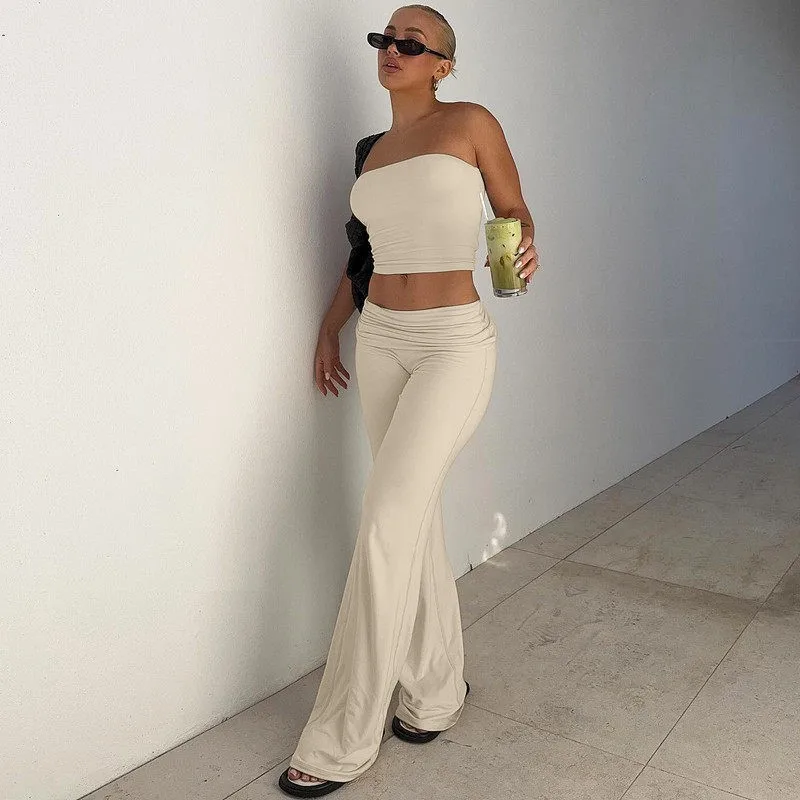

Slimming Hot Girl Pure Desire Spring New Sle Color Tube Top Bell Bot Pants Sexy Suit Set for Women Casual Wear