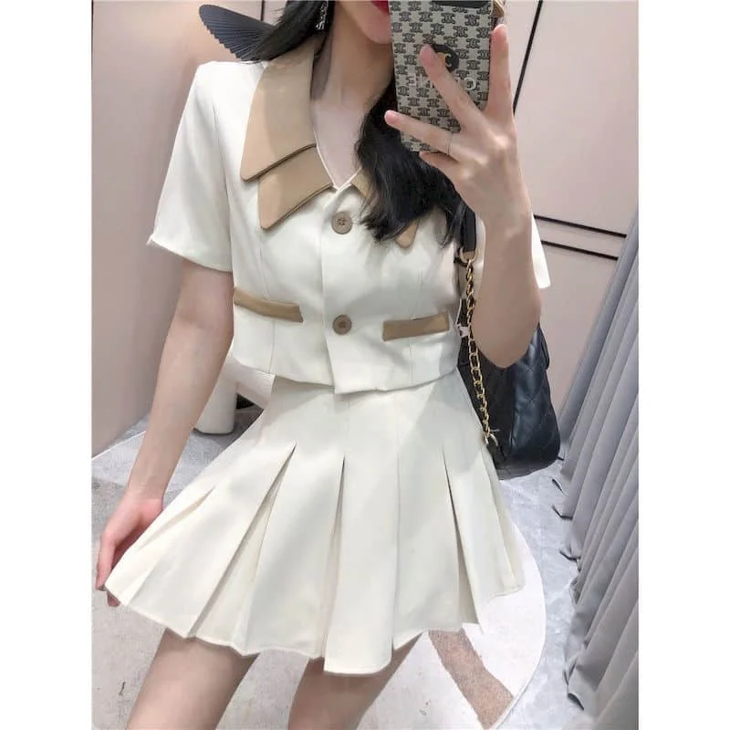 

Fashion Skirt Sets Short Sleeve Blazer and High Waisted Pleated Skirts Korean Style Casual Dress Two Piece Sets Women Outfits