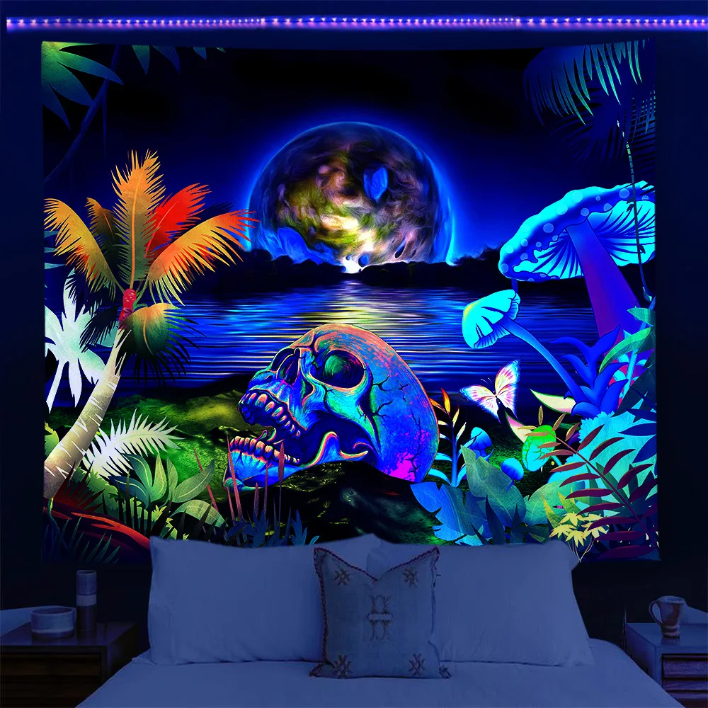 Home decoration UV tapestry Fluorescent skull  Wall hanging cloth Bedroom  psychedelic art