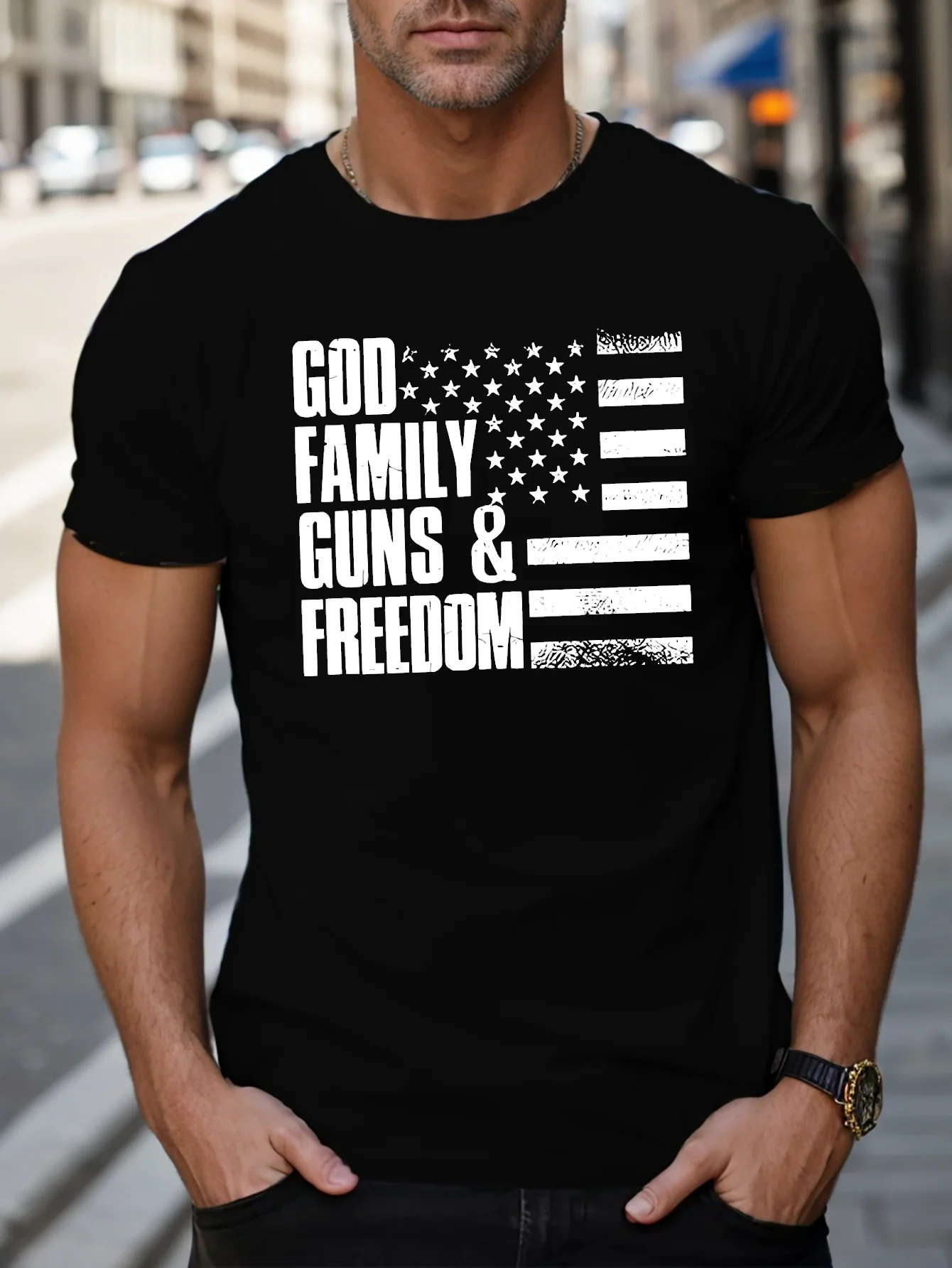 

Men's God Family Guns Freedom Flag T-Shirt - Short Sleeve Round Neck Top with Gun Rights, Unisex Streetwear Tops 2026