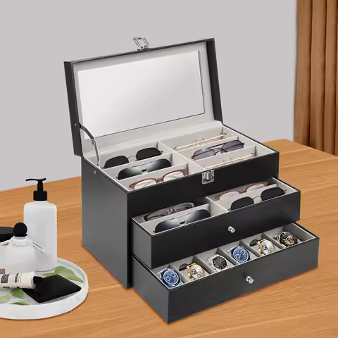 3-Tier Storage Case, for Storing 12 Glasses &amp; 12 Watches, Watches and Glasses Display Box with Glass Lid, Watch Organizer Box