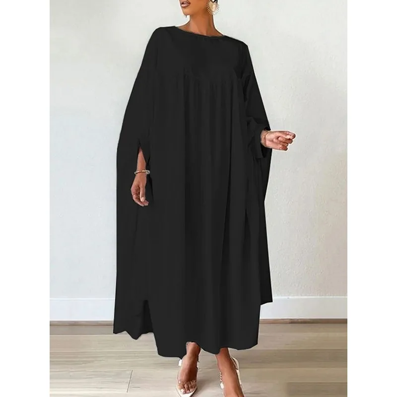 

Женское черно-белое платье макси из полиэстера с рукавами «летучая мышь», свободного кроя, однотонное, с круглым вырезом, повседневное, для выхода в свет, для отпуска, длинное