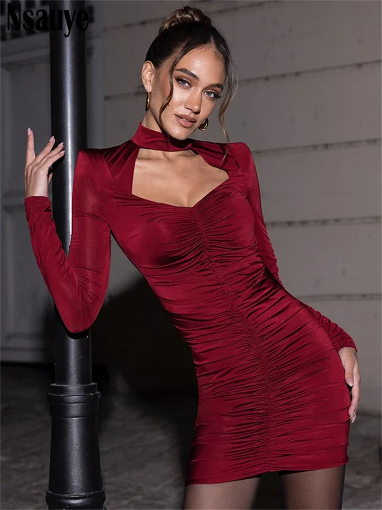 Nsauye Women Sexy Fashion Halter Hollow Out Elegant Evening Party Dress Night Club Long Sleeve Mini Bodycon Winter Dress 2024