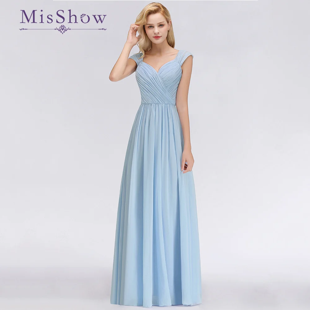 

MisShow Modest Sky Blue Chiffon Bridesmaid Dresses with Ruffles Elegant Long Formal Evening Prom Gowns For Wedding Party