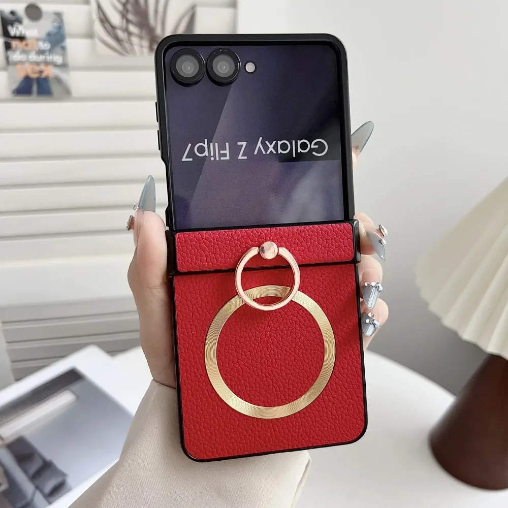 Simple Ring Holder PU Leather Case for Samsung Z Flip 8 7 6 5 4 for MagSafe Wireless Charging Hinge Protection Anti-Slip Cover