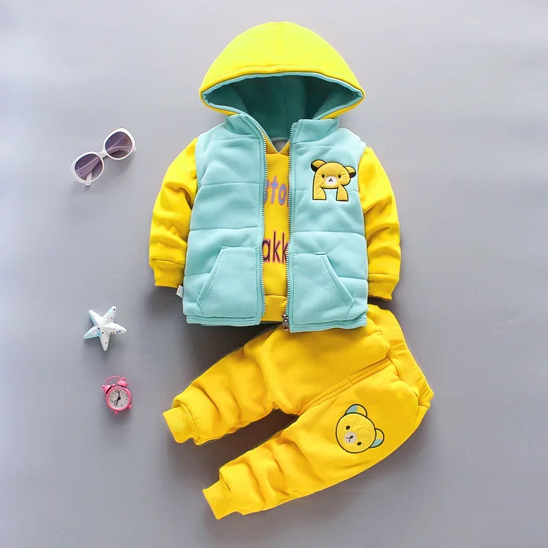

2023 New Boys Girls Warm 3Pcs Set Winter Thick Fleece Clothes Suit Children Hooded Outerwear Tops Pants Outfits 1-5 Years