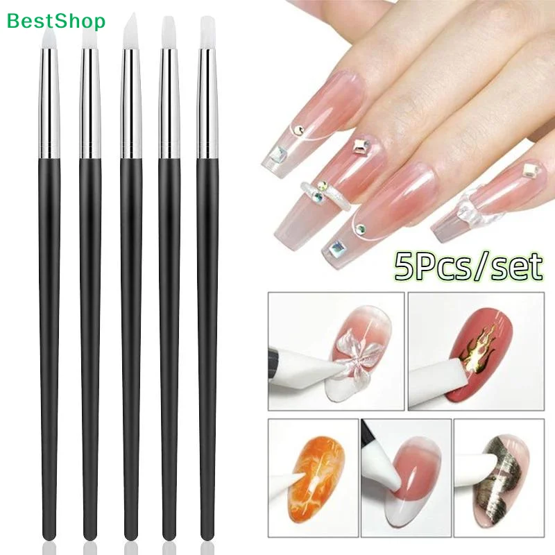 〔P〕5Pcs/Set Silicone Nail Art Pen Brush UV Gel Polish Tip 3D Image DIY Dotting Polish Brushes Sculpture Pen DIY Manicure Tool