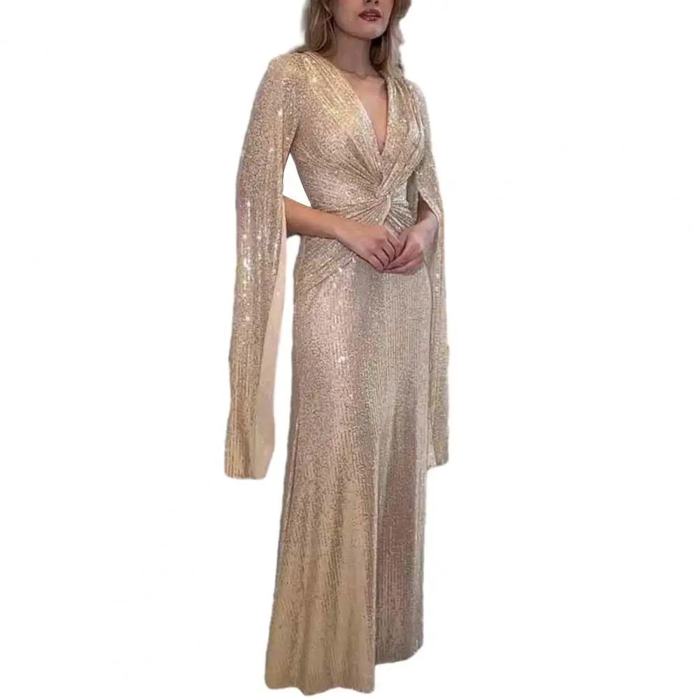 

Women Dress Split Sleeves Deep V Neck Shiny Sequin Tight Waist Knot Pleated Full Length Prom vestidos