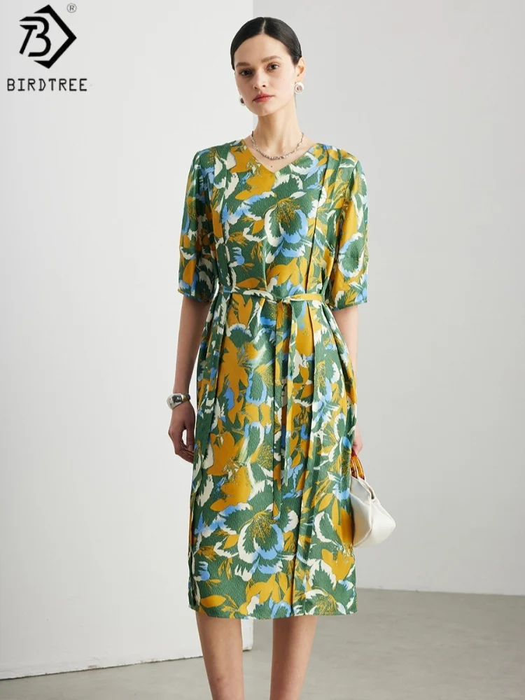 BirdTree, 100% Silk Printed Elegant Dress, Short Sleeve V-neck, Women Twill Silk Sash Dresses, Commute Style, 2026 New D64151JF