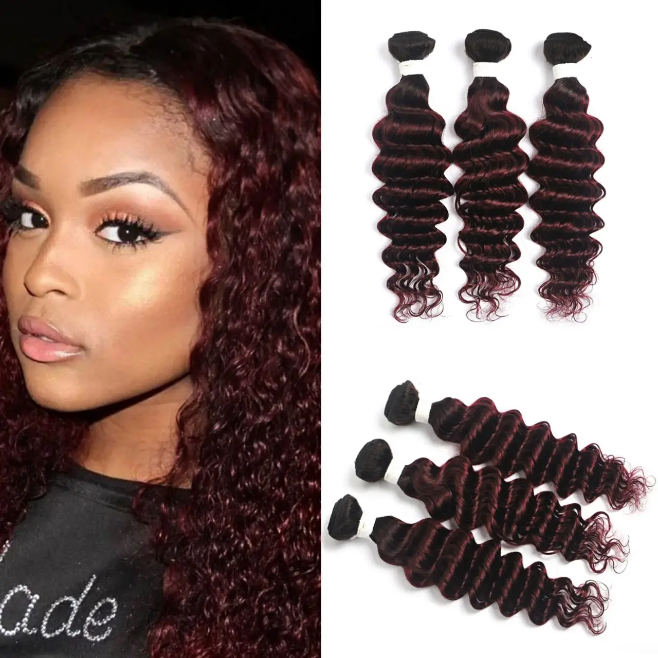 

T1B/99J Deep Wave Hair Bundles 8-26 Inch Ombre Brazilian Hair Weave Bundles 3/4 Bundles Double Weft Remy Human Hair Extension