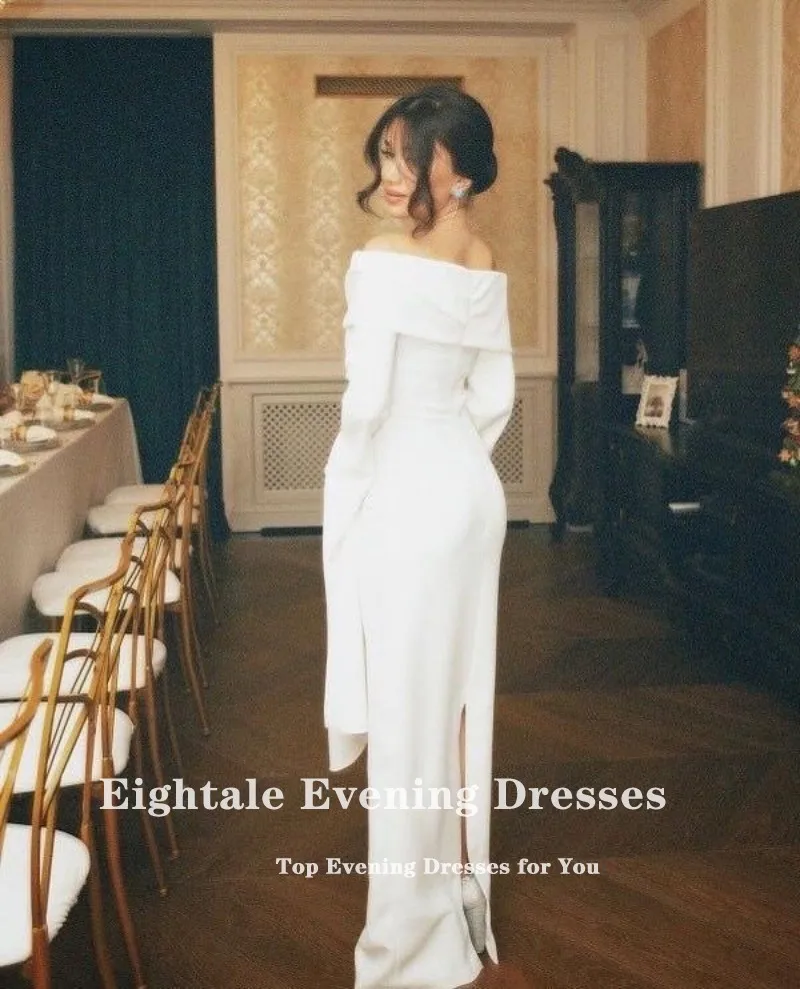 Eightale Strethy ซาตินชุดแต่งงานที่ไม่มีสายหนังที่กําหนดเองสีขาวงาช้างแขนยาวคําชุดเจ้าสาว Robe De Mariée