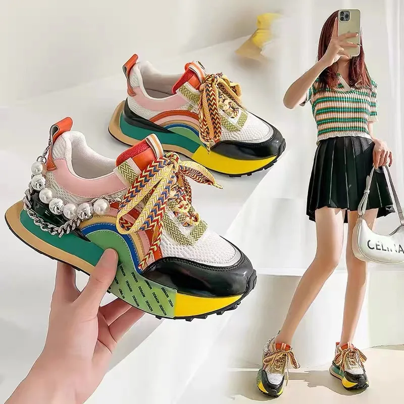 Breathable Pearl Detail Dad Sneakers Women's Summer 2024 Thick Bottom Quirky Style Sport Shoes Low Cut Flat Laced Casual Foot...
