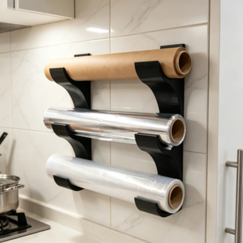 Dreischichtiges Wandmontage-Aufbewahrungsregal für Plastikfolie & Backpapier, Multifunktionaler Rollenhalter für Küchenschranktüren, Backstudios und Catering – Detail 4